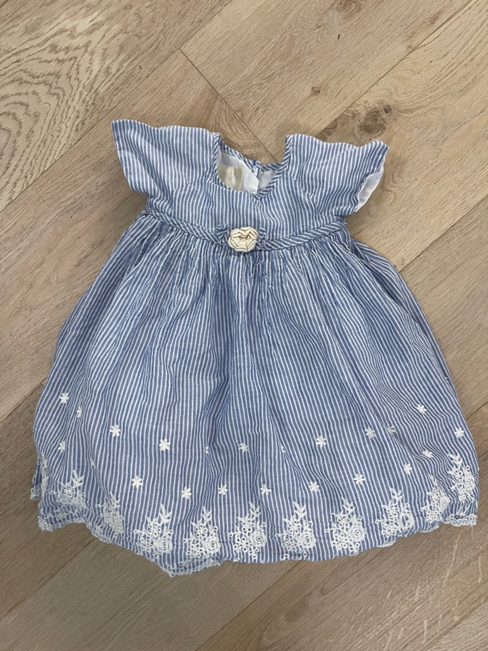 LAURA ASHLEY London Toddler Blue Striped Embroidered Summer Dress with Rosette